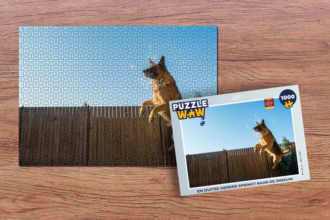 Puzzel En Duitse Herder springt naar de sneeuw - Legpuzzel - Puzzel 1000 stukjes volwassenen