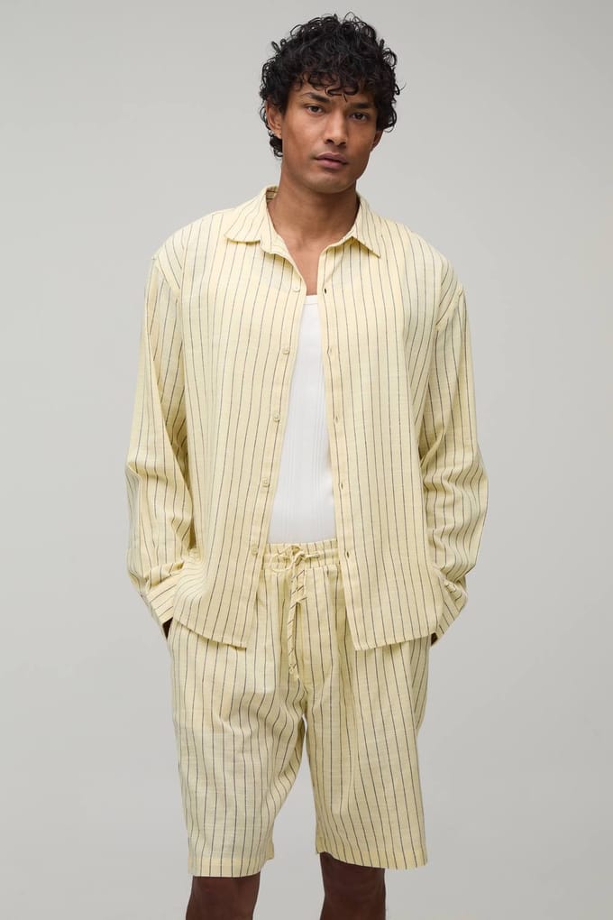 Gestreept Popeline Gebogen Zoom Geborduurd Oversized Shirt Met Lange Mouwen & Wijde Short Set | Yellow | Size Medium