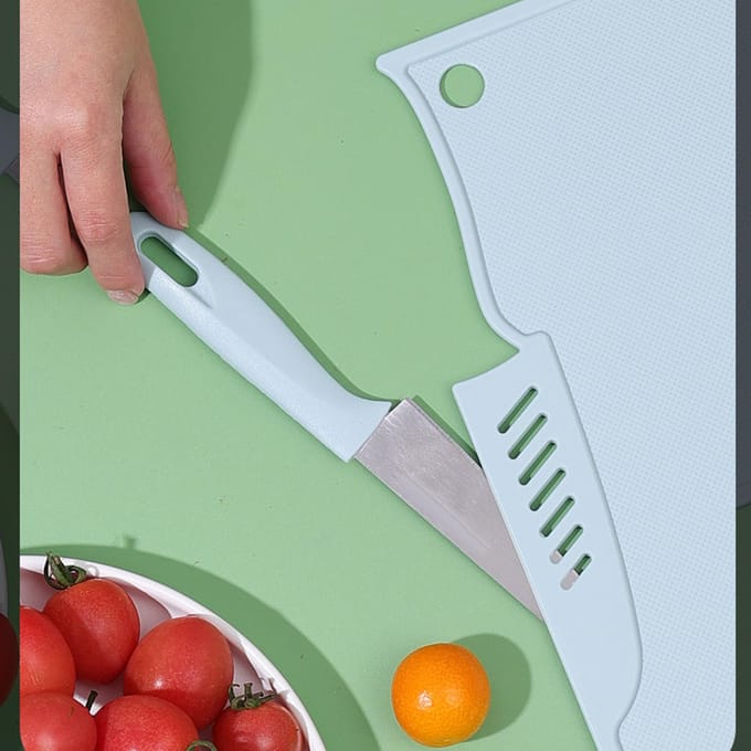 Plastic Gebruikssnijplank Veilig Multifunctioneel Draagbaar Fruit Hakbord Met Mes Ophanging blauw