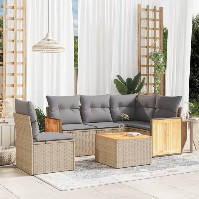 vidaXL - 6-delige - Loungeset - met - kussens - poly - rattan - beige