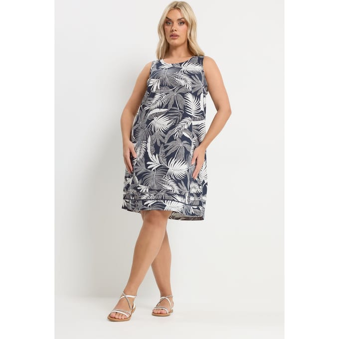 Yours Marineblauwe Jurk Met Palmbladprint Size 48
