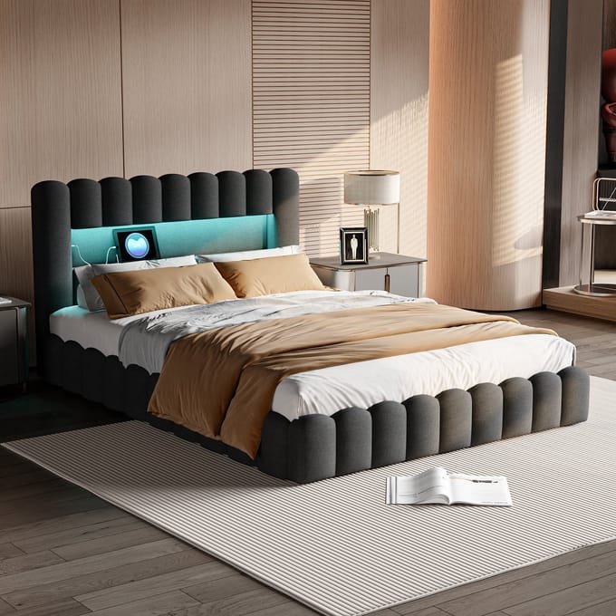 Opbergbed 140x200 Donkergrijs met LED & USB-C – Gestoffeerd Linnen Bed