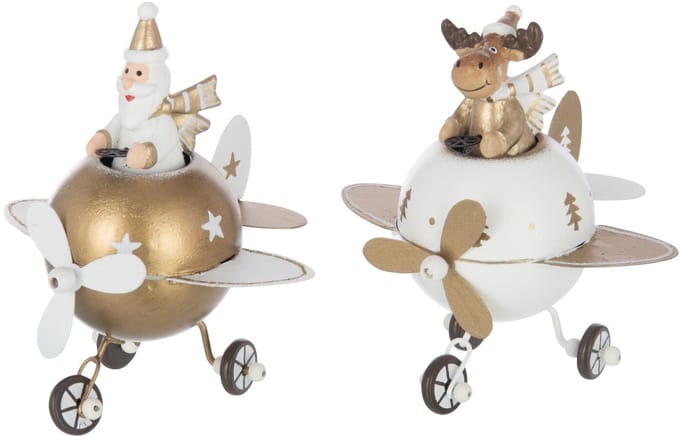 J-Line figuur Rendier + Kerstman In Vliegtuig - metaal - wit/goud - small - 2 stuks