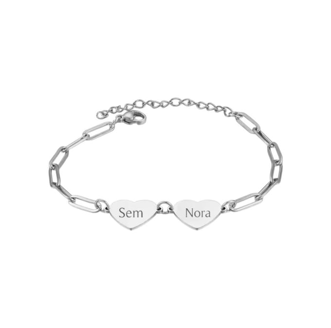 Hart Schakelarmband met 2 Namen Zilver