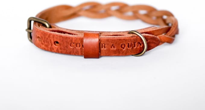 Cooper & Quint Twisted - Halsband hond gevlochten leer - Camel - Oud Messing - Medium