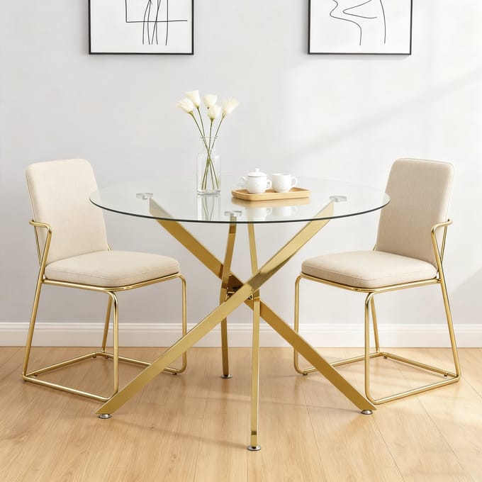 MODFU Eettafel - Gehard Glazen Blad - Kruispoot - Minimalistisch - Eetkamer - Glas En Metaal - Goud
