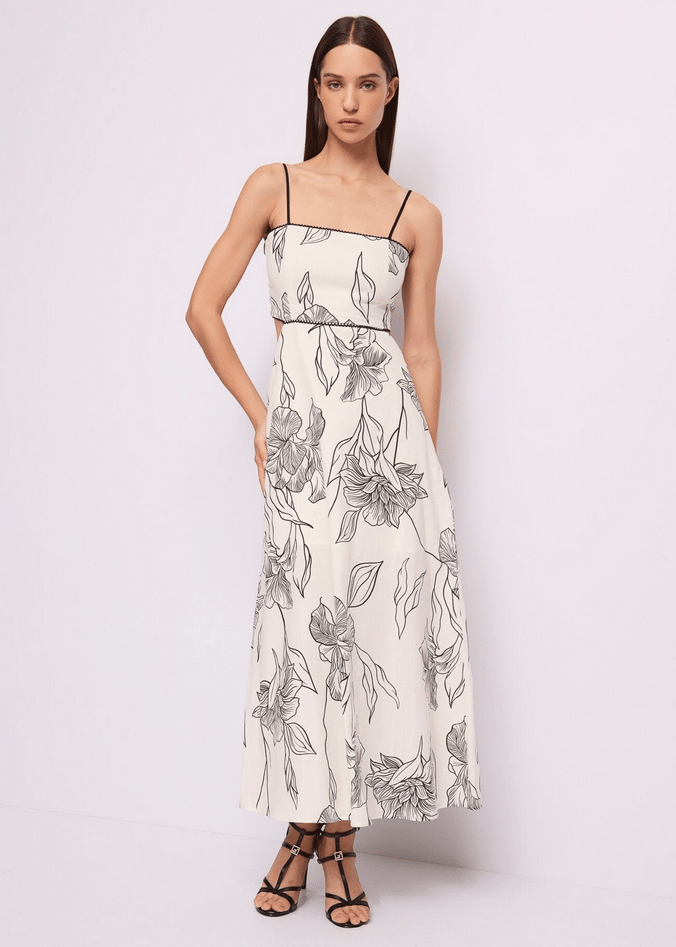 linnen jurk met bloemen print wit-zwart vrouw