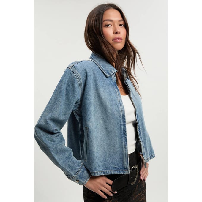 boohoo Dames Denimjasje met kraag | Mid Blue | Maat: 16