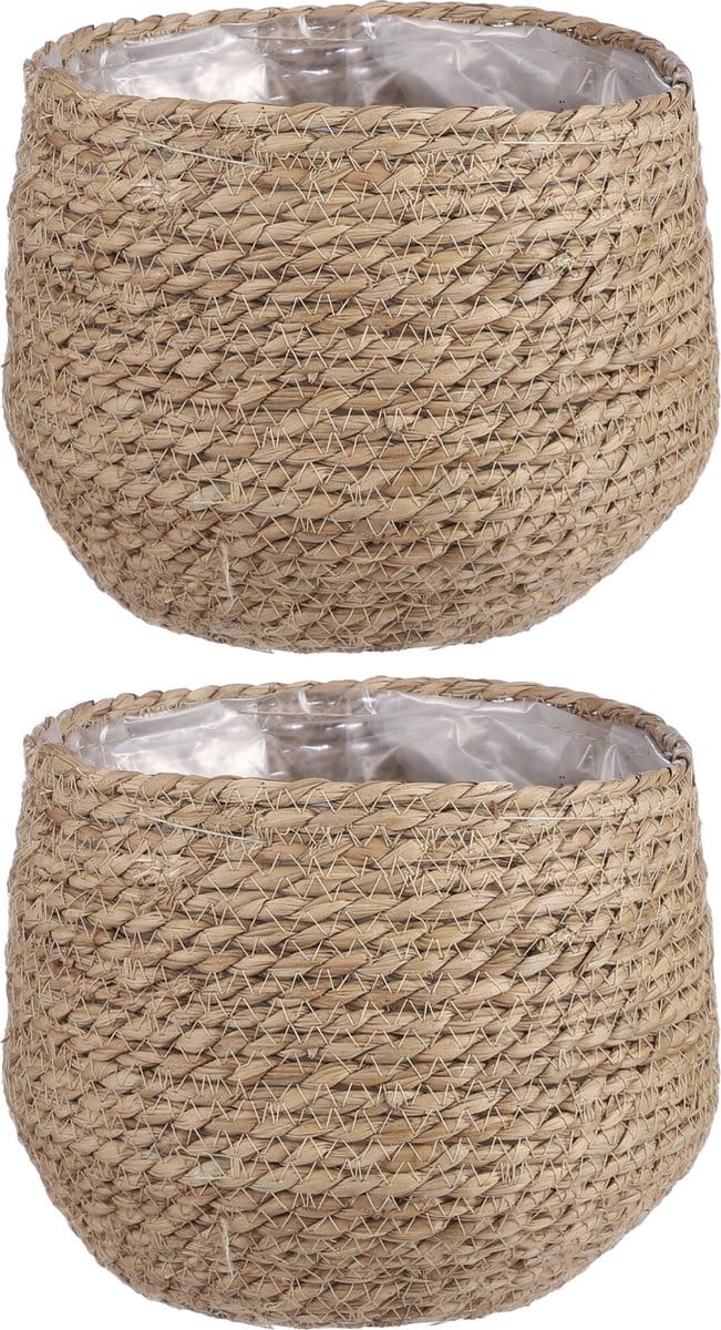 Mica Decorations Bloempot - 2x stuks - rotan - beige - jute - 22 x 19 cm - Met plastic binnenkant