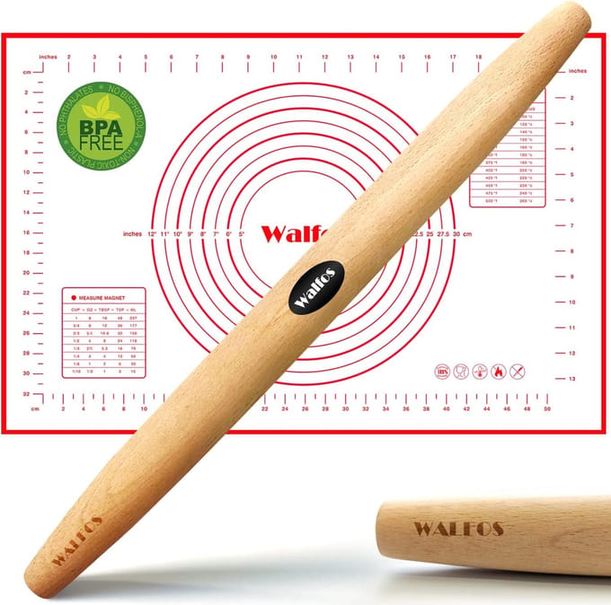 Deegroller en Bakmat - Bakset - Taarten Bakken - Antiaanbaklaag - 43 cm - Natuurlijk Hout