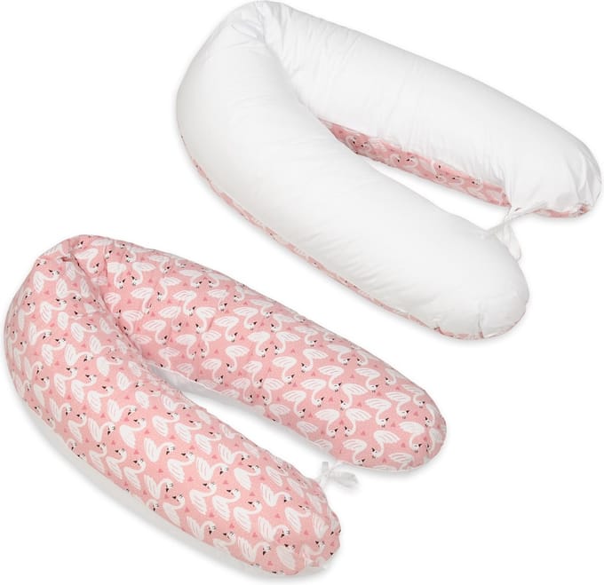 Voedingskussen - met koordjes - 145 cm - roze met zwanen