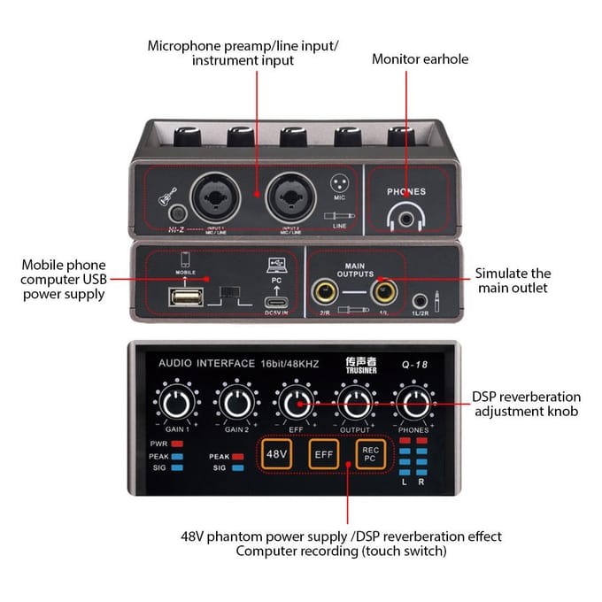 Audio Interface Professionele Opname XLR Audio Interface DSP Reverb 48V Phantom Power Geluidskaart zwart