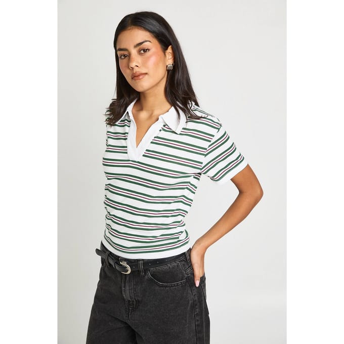 boohoo Dames Gestreepte Open Kraag Top | Green | Maat: 6