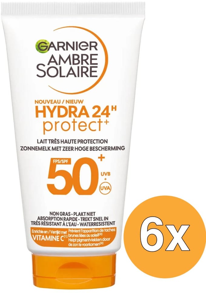 6x Mini Garnier Ambre Solaire Hydra 24 Zonnemelk SPF 50+ (50 ml)