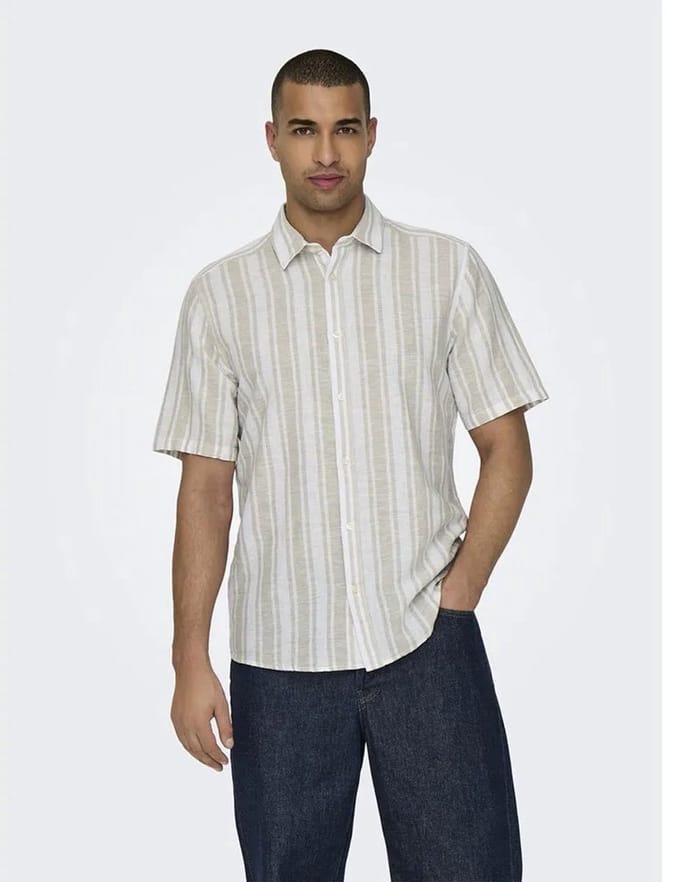 ONLY&SONS - ONSCAIDEN LIFE SS MIX STRIPE LINEN SHIRT - Heren - Overhemden