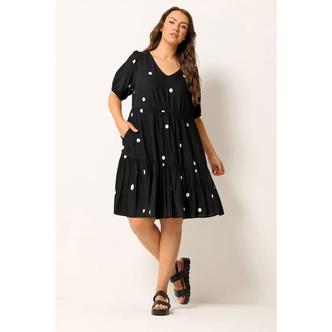 Yours Zwart Polka Dot Gelaagde Smock Jurk Size 58-60