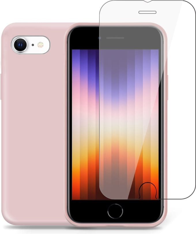 Hoesje geschikt voor iPhone SE 2022 + Screenprotector – Tempered Glass - Liquid Back Case Cover Rose