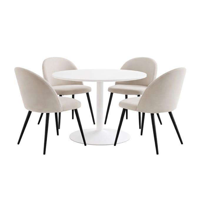 Carry eethoek tafel Ø110cm, 4 stoelen velours beige.
