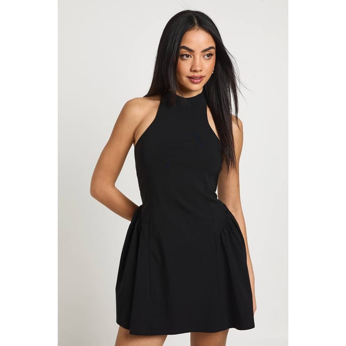 boohoo Dames Halterneck Wijde Rok Mini Jurk | Black | Maat: 16