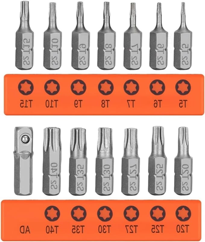 Set van 14 Torx schroevendraaier bits - T5 - T40 - magnetisch - 1/4 inch - hexagon - S2 staal - ster - veiligheidskop - tamper - tamper-resistent - schroevendraaier bits - lengte 25mm
