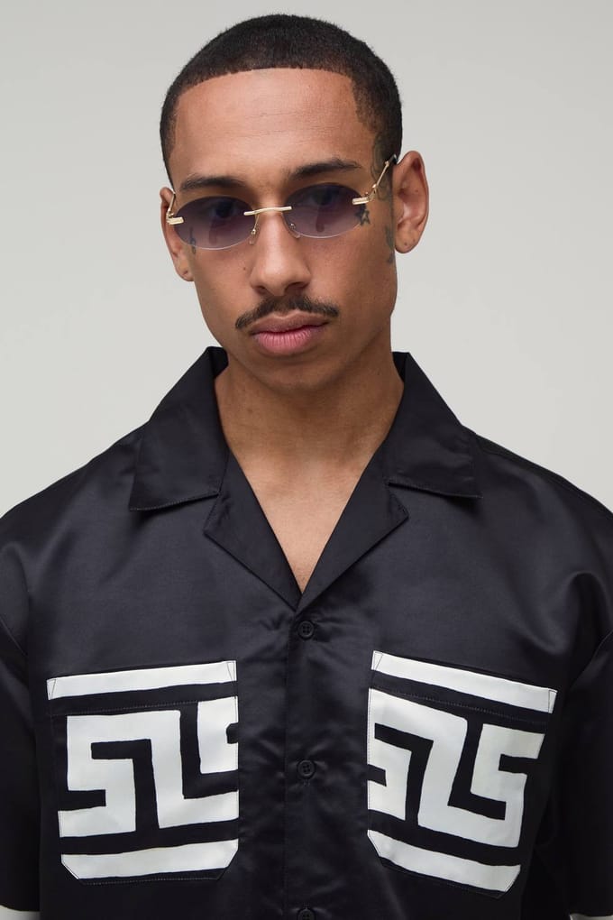 Oversized Short Sleeve Abstract Boarder Print Satin Shirt & Short Set | Black | Size Medium