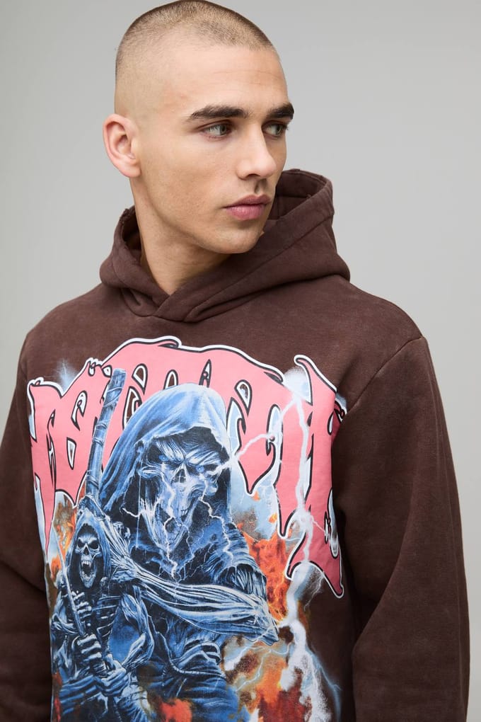 Boxy Washed Homme Gothic Graphic Distressed Hoodie | Brown | Size Medium