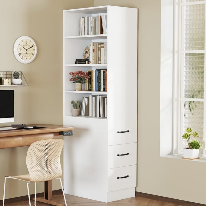 Sweiko Boekenkast - Vitrinekast - 180 cm hoog - 3 laden - Verstelbare planken - Wit