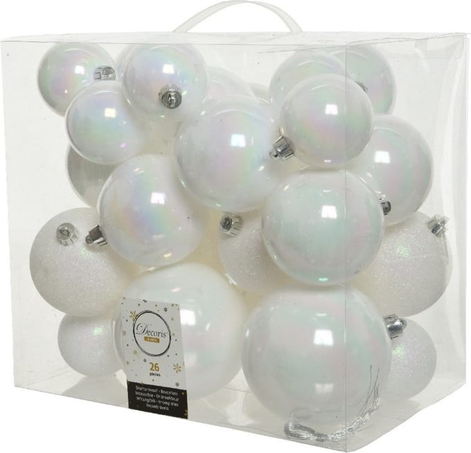 Decoris Kerstballen - 26x st - parelmoer wit - 6-8-10 cm - kunststof - kerstversiering