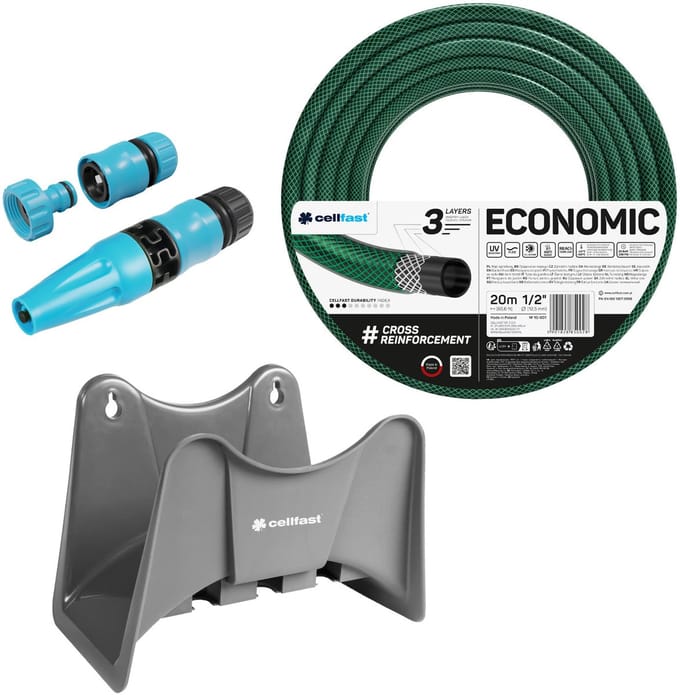 Cellfast Economic tuinslang 1/2" 20 m + Cellfast slanghouder (grijs) + set met Cellfast Basic rechte sproeier 1/2"