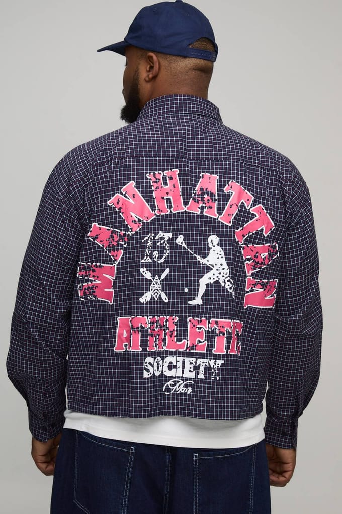 Plus oversized boxy varsity-print micro-check overhemd | Grey | Size 2XL