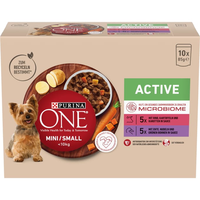 10 x 85g Purina ONE Mini Active Rund & Eend nat hondenvoer