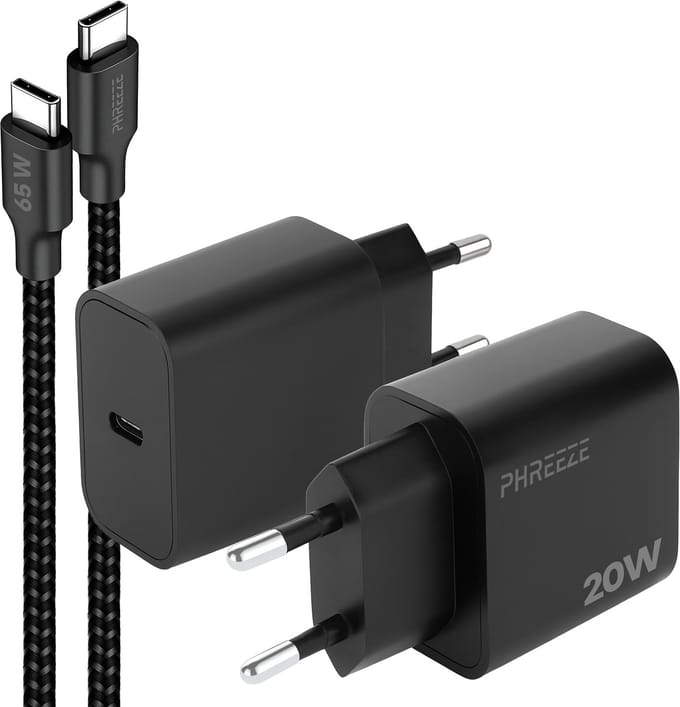 Phreeze usb C adapter 20 w met usb C naar usb C kabel 1 meter - Power Delivery snellader voor telefoon en tablet