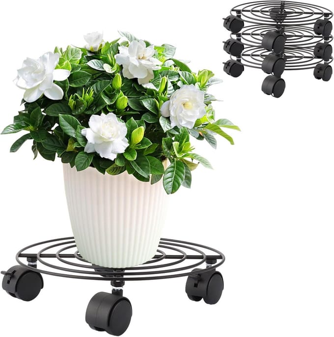 Set van 4 ronde plantenrollers metaal met wielen 27 cm voor zware potten