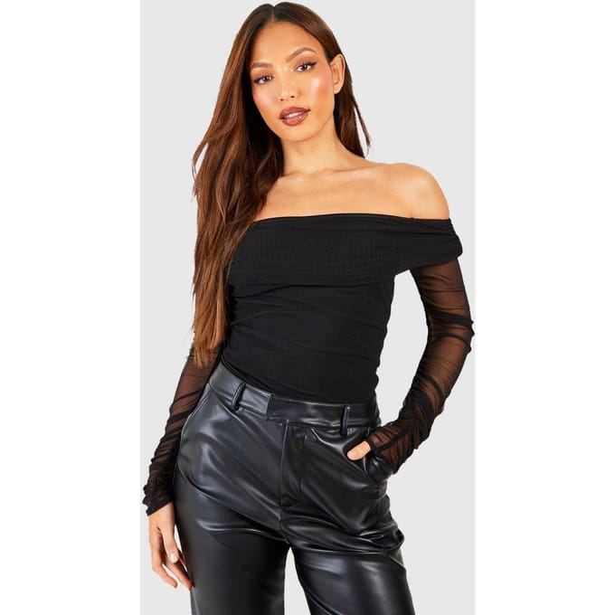 boohoo Dames Tall Off The Shoulder Mesh Bodysuit | Black | Maat: 8