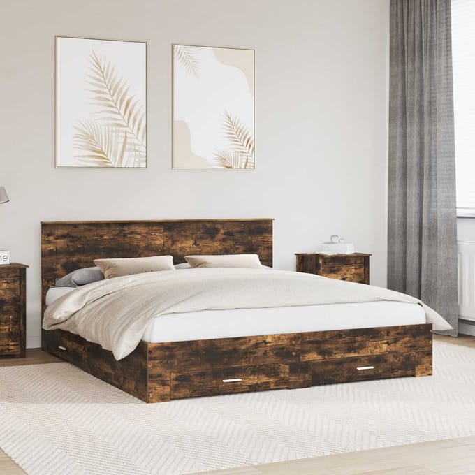 vidaXL - Bedframe - Gerookt - eiken - 200 - x - 200 - cm - Bewerkt - hout