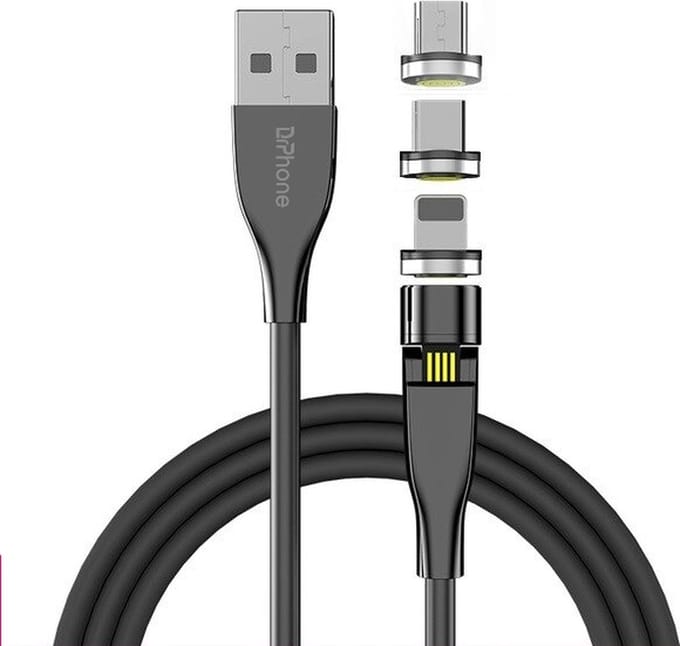 DrPhone OMNIA 540° - 2 Meter - 3 in 1 (Micro USB / Lightning / USB-C) Magnetische Oplaadkabel - Oplader 9V Kabel - Zwart
