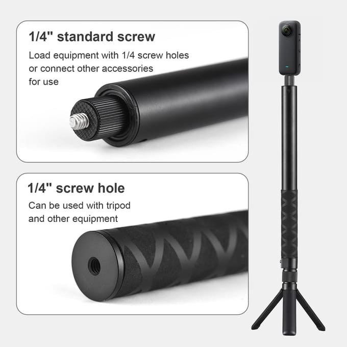 Uitschuifbare Onzichtbare Selfiestick Kit met Draaibare Handgreep Statief Aluminiumlegering 1/4 Inch Schroef zwart