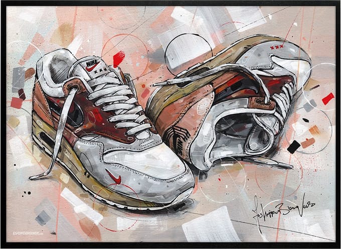 Sneaker print Amsterdam 71x51 cm *ingelijst & gesigneerd
