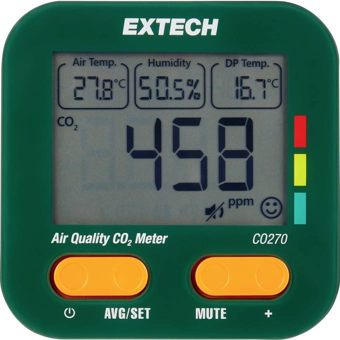 Extech Luchtkwaliteitsmeter – Temperatuur, Luchtvochtigheid, Koolstofdioxide, Condensatiepunt