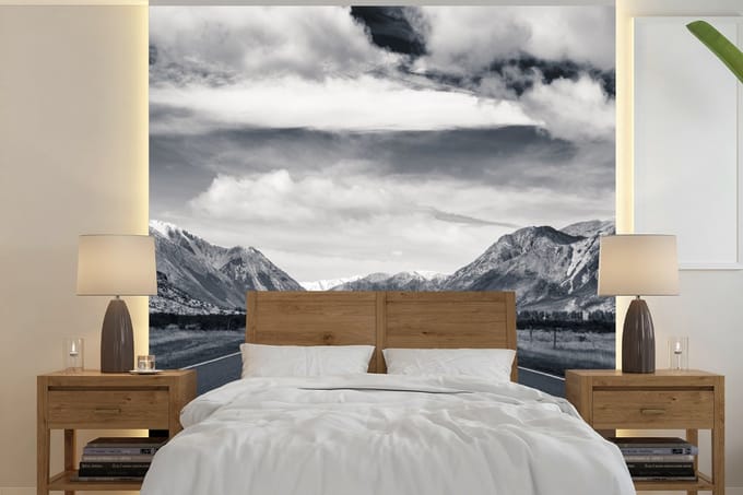 Behang - Fotobehang Zwart wit - Berg - Weg - Breedte 280 cm x hoogte 280 cm
