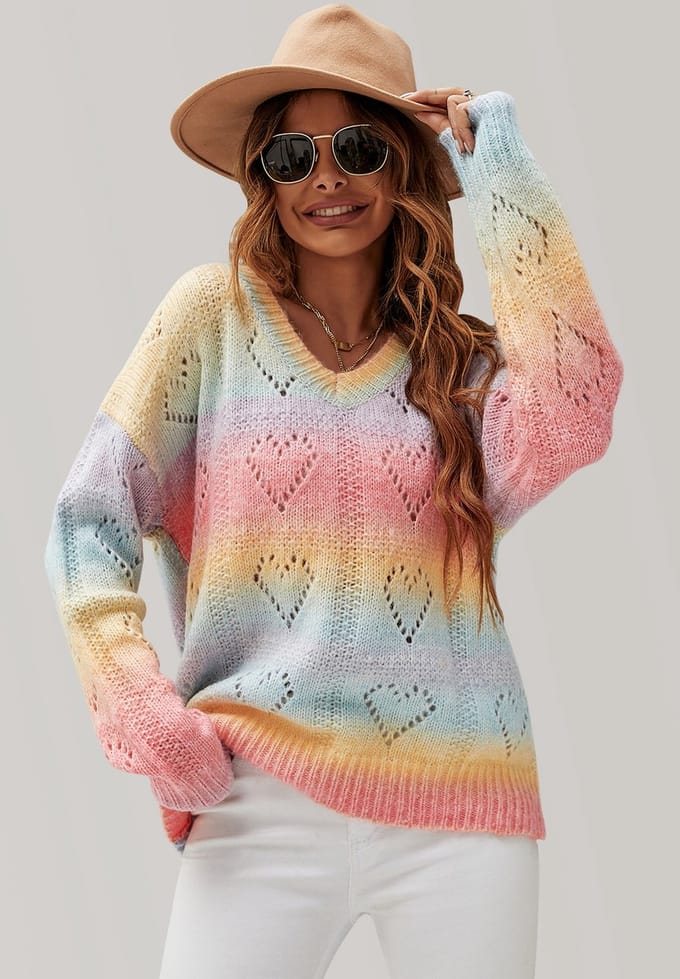 Hartvormige trui in roze, blauw, geel, regenboog