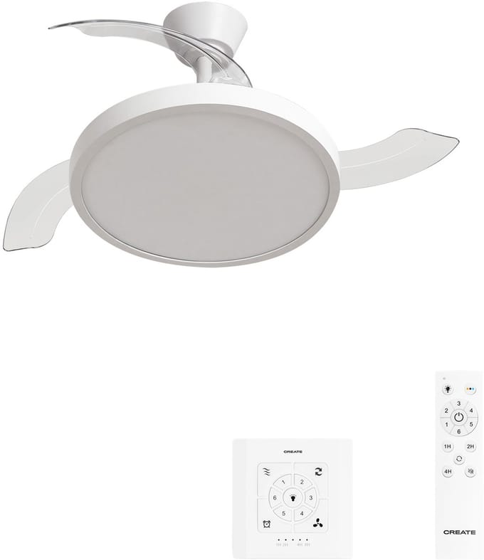 CREATE - Plafondventilator 40W stil met intrekbare bladen met licht - Ø108cm - Wit - Controller voor wandmontage + afstandsbediening - WIND CLEAR STUDIO