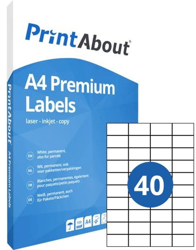 PrintAbout Premium A4 stickervel 40 per vel (52,5mm x 29,7mm)