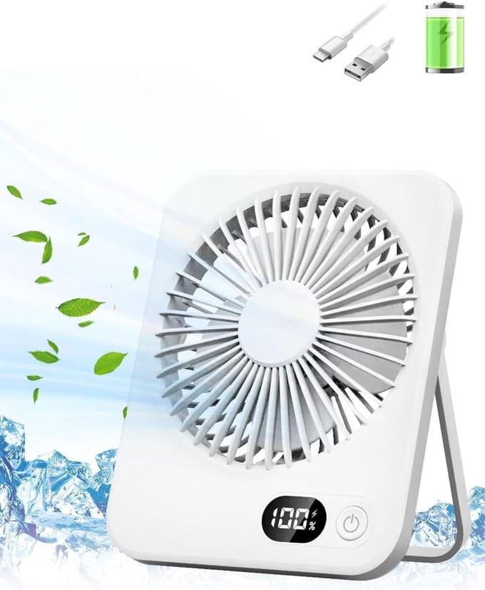 Oplaadbare USB Bureauventilator - Mini Ventilator - met Digitale Batterijweergave - Draagbare Tafelventilator - Kantelbare Compact Tafelventilator - voor Kantoor en Reizen - wit