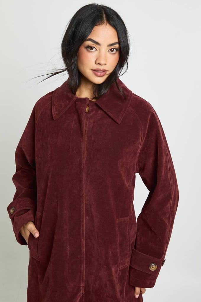 boohoo Dames Faux Suede Collared Longline Jacket | Wine | Maat: 8