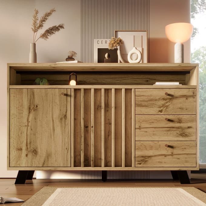 Dressoir - 120x40x85 cm - Commode in Vintage Stijl - 3 Laden en 2 Deuren - Eikenhout - Donker Eiken