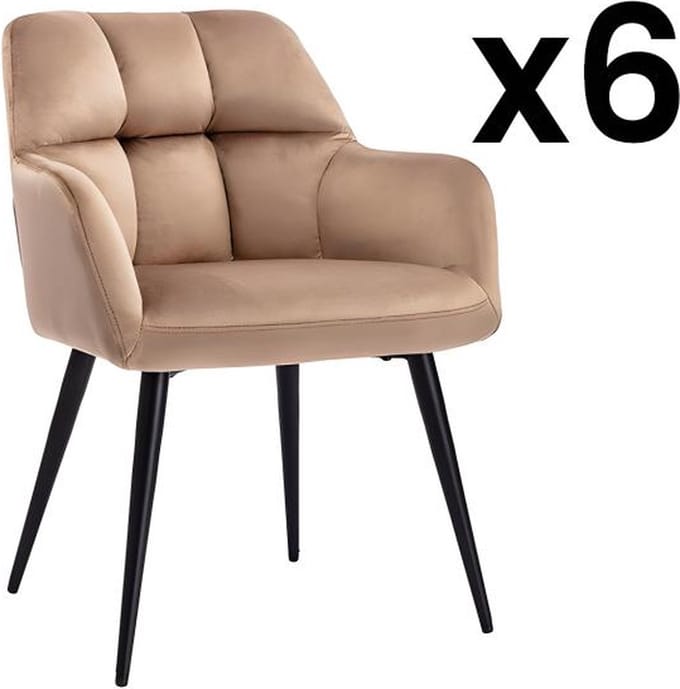 Vente-unique Set van 6 stoelen PEGA - Met armleuningen - Fluweel en metaal - Beige