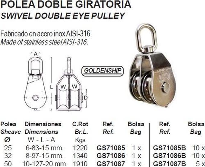 Goldenship Wartelblok Met Dubbele Schijf Zilver 8 mm
