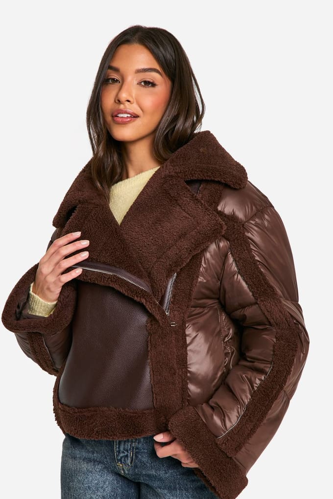 boohoo Dames Panelled Puffer Aviator | Chocolate | Maat: 8