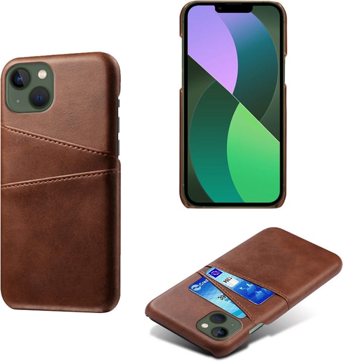 MobyDefend Hoesje - Geschikt voor iPhone 14 - Lederen Backcover Met Vakjes Pasjes - Bruin